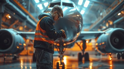 A mechanic doing engine inspection on the plane. Generative AI.