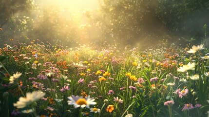 field of spring flowers and sunlight