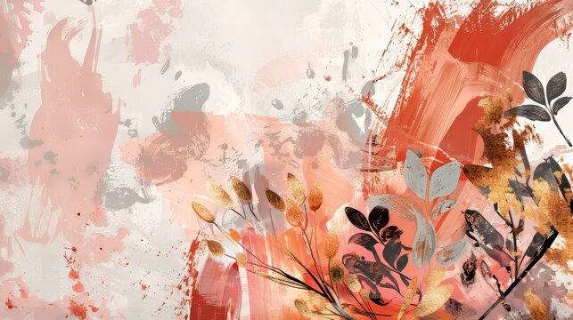 Background with abstract artwork of plants, flowers, branches, peacocks, golden brush strokes. Painting. Modern Art Wallpapers, posters, cards, murals, prints, posters, etc.