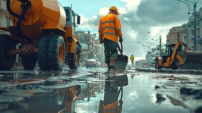 A worker operating a compactor plate with a concrete mixer in the background. Generative AI. - Powered by Adobe