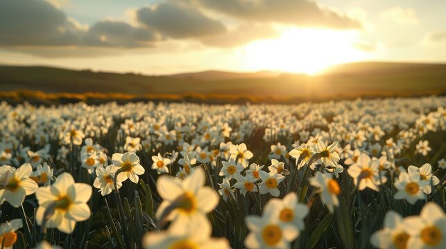 Field of flowering daffodils in spring near Padstow