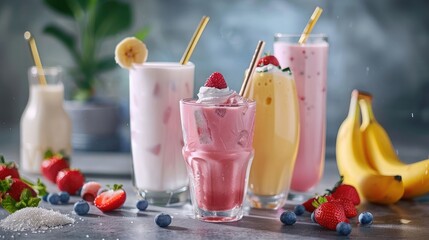 Fresh milk, strawberry, blueberry and banana drinks on wodeen table, assorted protein cocktails with fresh fruits.