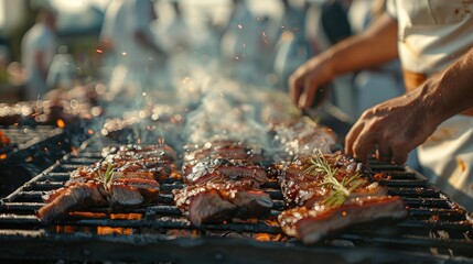 A barbecue competition with chefs grilling up their best brisket for judging. Generative AI.