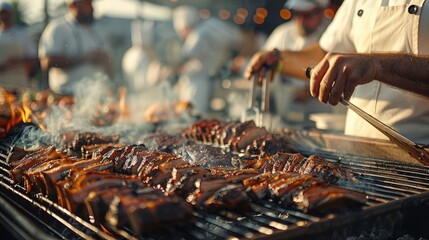 A barbecue competition with chefs grilling up their best brisket for judging. Generative AI.
