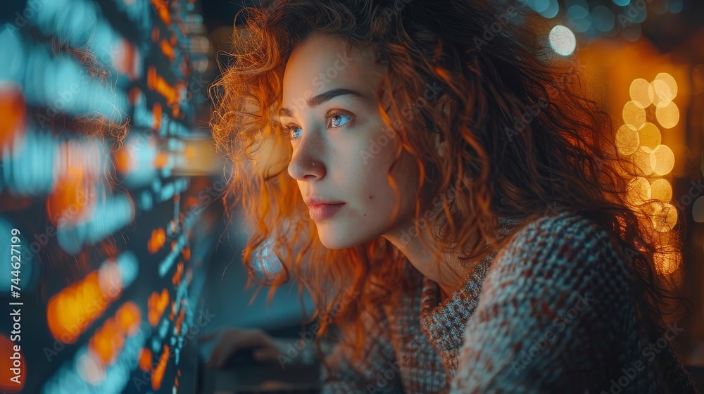 Aufkleber Data science, cloud computing, and digital technology concept. Woman using a laptop computer with database connection, AI artificial intelligence, and code on a virtual screen, futuristic technology