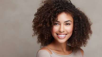 Brunette curly haired young girl with dark skin and a perfect smile in an African portrait.