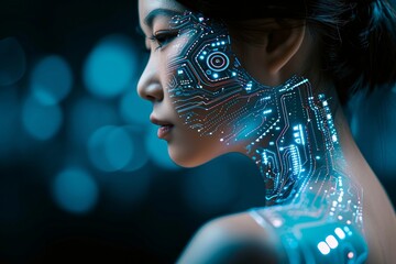 Human-technology synergy: female with futuristic nanotech implant on shoulder symbolizing healthcare innovation, Generative AI