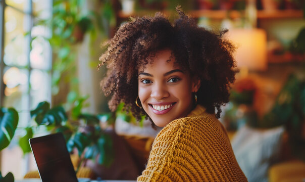 Happy Young Woman Working Remotely On A Virtual Video Team Meeting Call, Remote Work And Flexible Culture Concept. Inclusive And Diverse Workplace