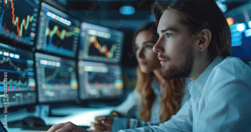 Aufkleber A male and female stock option traders on a multi screen trading computer in a modern high tech office working under pressure against the time. Generative AI.