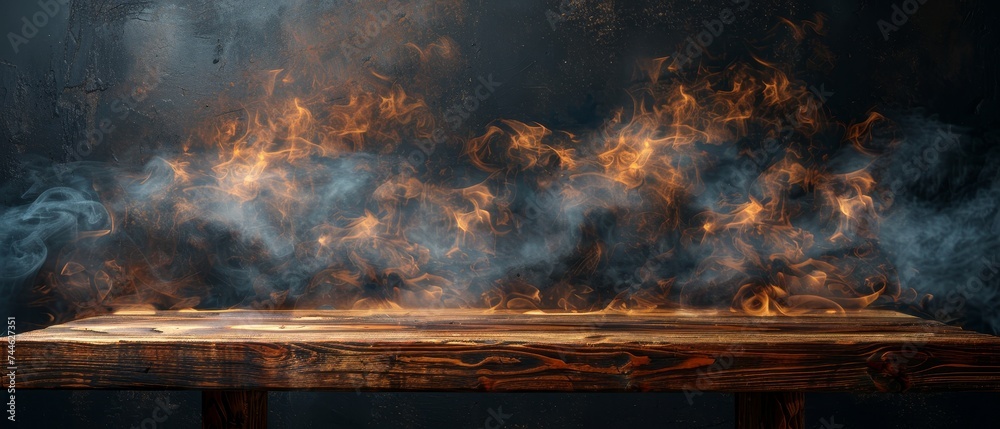 Poster empty wooden table with smoke floating up on dark background