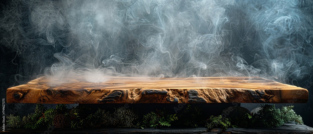 Poster An empty wood table with smoke floating on a dark background is an ideal display space for your products