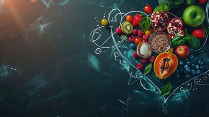 Healthy food in heart and cardiograph on blackboard medical abstract concept