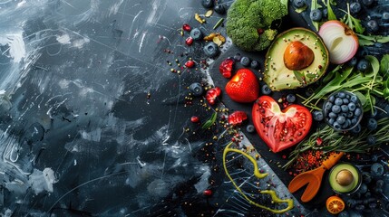 Healthy food in heart and cardiograph on blackboard medical abstract concept