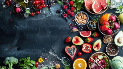 Healthy food in heart and cardiograph on blackboard medical abstract concept - obrazy, fototapety, plakaty