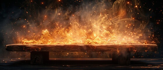 Fire burning at the edge of the table, fire particles, sparks, smoke in the air, with flames on a dark background