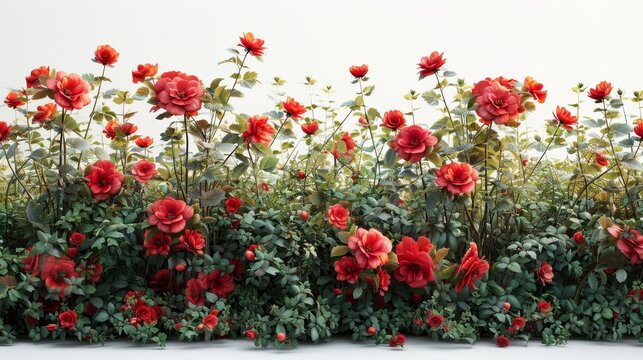 Flowers and plants isolated on white background. Garden design for a flower bed. Luxurious foliage of green bushes and shrubs. Red roses.
