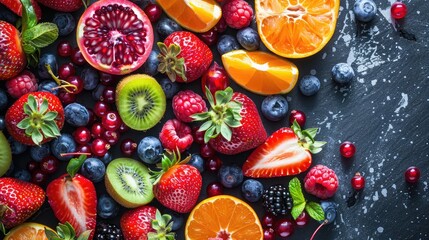 mix of fresh fruits and berries. raw food ingredients. nutrition background