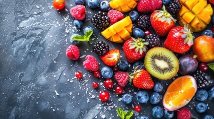 Fototapeta na wymiar mix of fresh fruits and berries. raw food ingredients. nutrition background