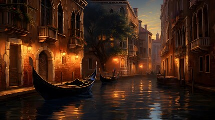 Venice canal with gondolas at night, Italy, Europe