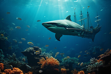 Sea or ocean underwater with sharks and sunken treasure