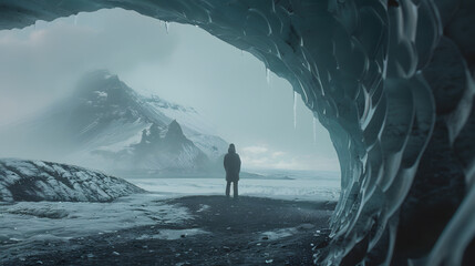 Photo of man standing under an opening in the ice cave while walking beneath a glacier