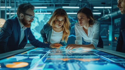 A dynamic team brainstorming over a digital interactive table displaying financial models and data analytics. Generative AI.