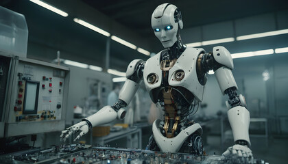 humanoid robot working on factory with copy space work and business futuristic concept