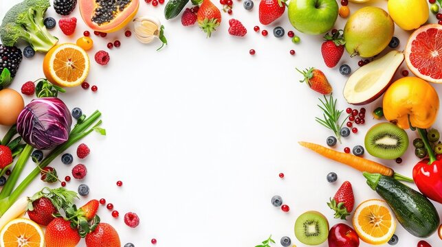 Organic food background and Copy space. Food photography different fruits and vegetables isolated white background. High resolution product