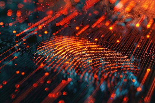 digital orange fingerprint light circuit board background. Concept. Scanning system. cyber security or Cyber Security Network Futuristic Background	