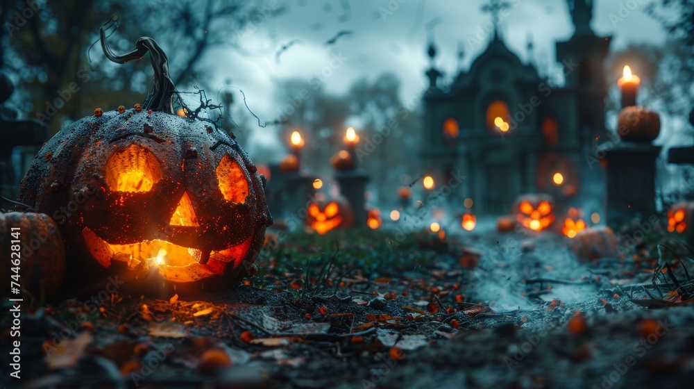 Sticker Backdrop Of Pumpkins In Graveyard During Spooky Night - Halloween