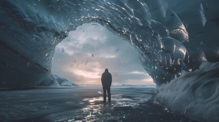 Photo of man standing under an opening in the ice cave while walking beneath a glacier - Powered by Adobe