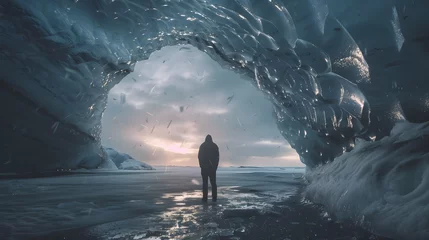 Foto auf Acrylglas Photo of man standing under an opening in the ice cave while walking beneath a glacier © Dominik