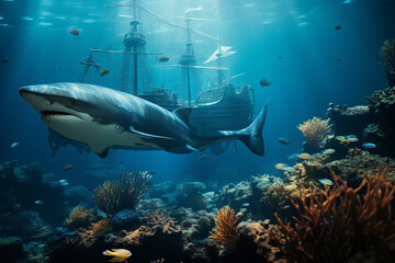 Sea or ocean underwater with sharks and sunken treasure
