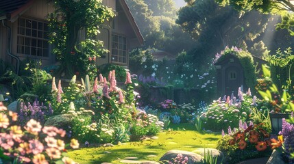 Planting flowers in sunny garden