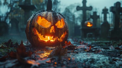 In spooky night with full moon, a Jack 'O' Lantern is lit up in a cemetery