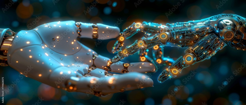 Leinwandbilder Artificial intelligence, Machine learning, Humans and robots touching on a big data network connection background, Robotics and artificial intelligence technology.