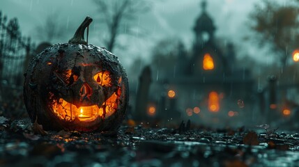 Halloween Jack-o-lantern in cemetery in spotty night with full moon