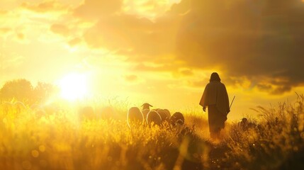 Shepherd Jesus Christ leading the flock and praying to Jehovah God and bright light sun and Jesus...