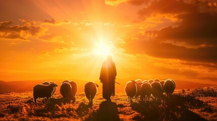 Shepherd Jesus Christ leading the flock and praying to Jehovah God and bright light sun and Jesus silhouette background in the field