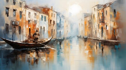 Digital painting of a boat on the canal in Venice, Italy.