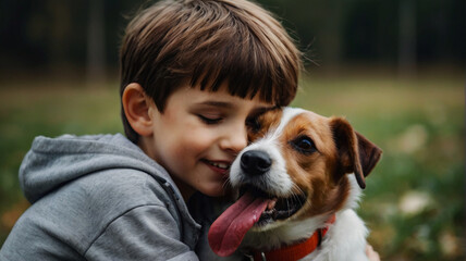  Kids poses with his Pembroke Welsh Corgi dog in the garden and hugs him affectionately