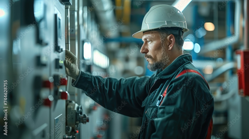 Poster an engineer checking a electric security panel of a pipeline plant at food farm. generative ai.