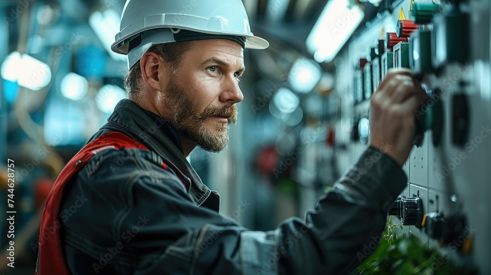 Aufkleber an engineer checking a electric security panel of a pipeline plant at food farm. generative ai.
