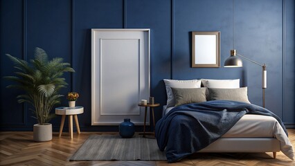 blank frame mockup in cozy dark blue bedroom interior 