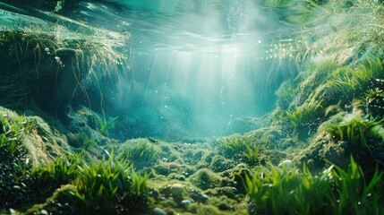 Spring water. Underwater freshwater. Mysterious freshwater river - obrazy, fototapety, plakaty