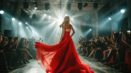 Fashion female model walks the Runway in gorgeous flowing red dress at fashion show, many photograhpers on the background