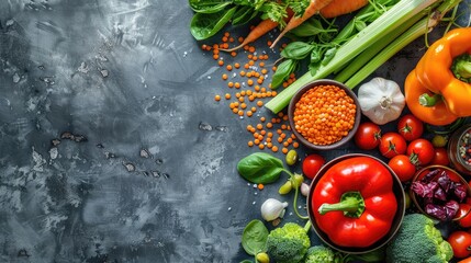 variety of vegetables, red lentil and ingredients for healthy cooking on rustic background, top view, horizontal border. Vegan food or diet eating concept