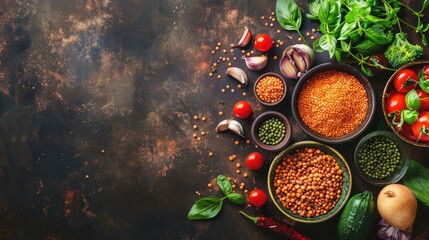 variety of vegetables, red lentil and ingredients for healthy cooking on rustic background, top view, horizontal border. Vegan food or diet eating concept