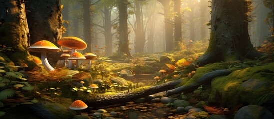 sunlit autumn forest with moss and mushrooms.