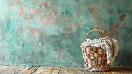 Wicker basket with dirty laundry indoors, space for text